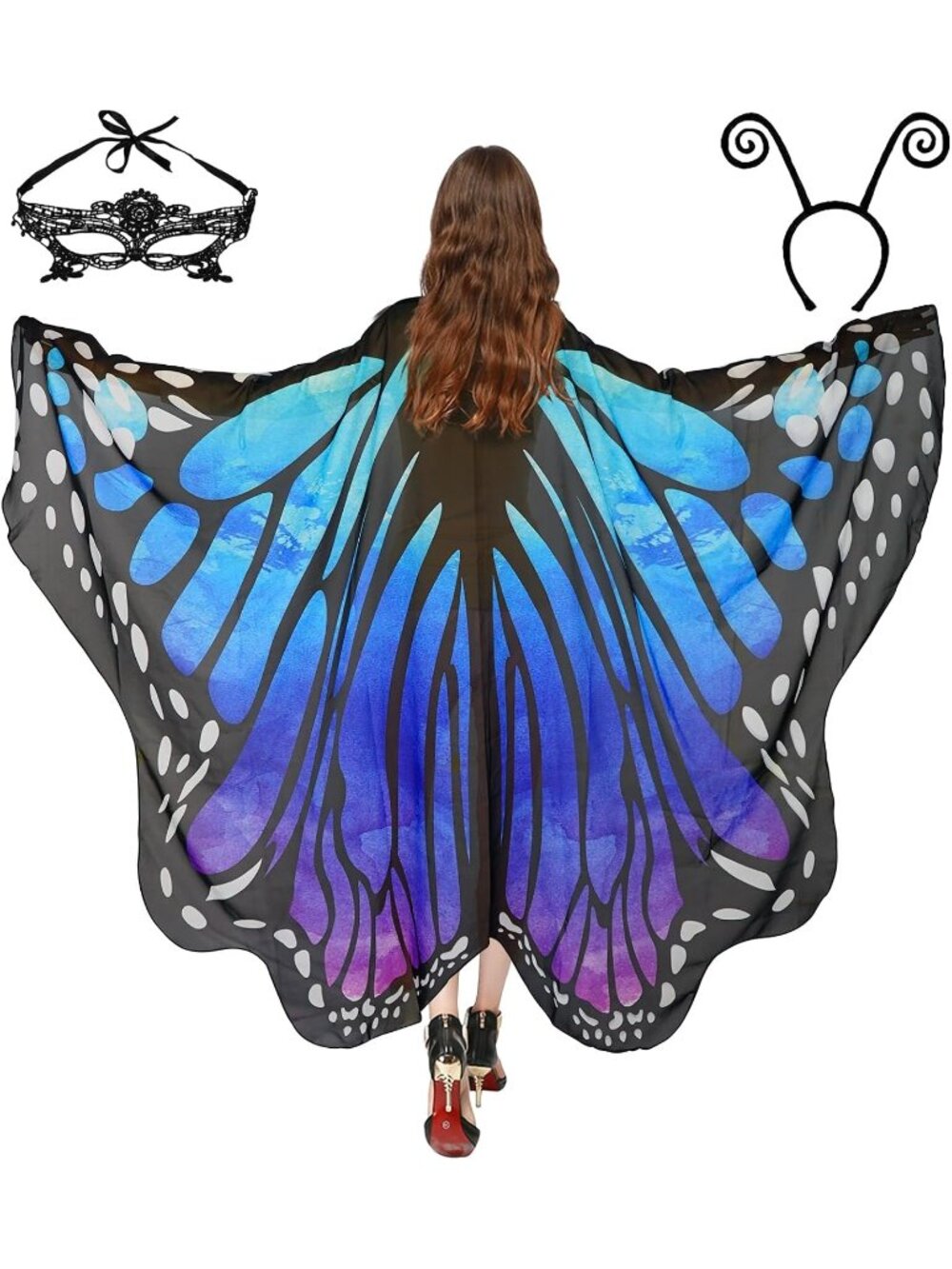 Women's Adult Butterfly Costume Monarch Butterfly Wing Cape 3Pcs Mask Halloween9